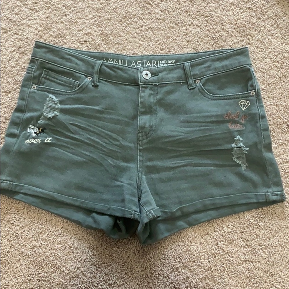 Army green mid rise denim shorts
